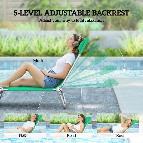 Outsunny Set of Two Steel Frame Sun Loungers, with Reclining Backs - Dark Green