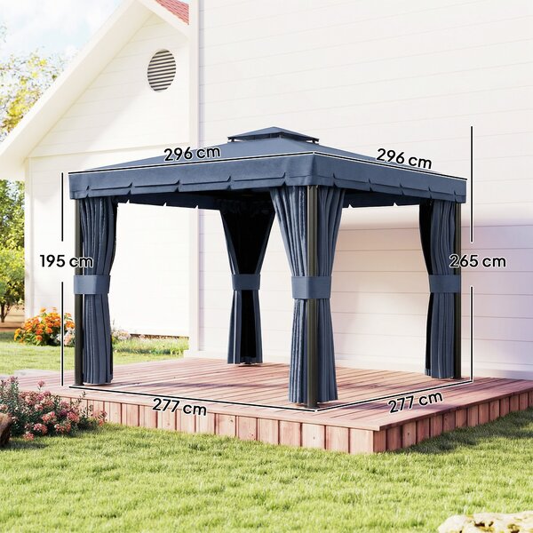 Outsunny 3 x 3(m) Patio Gazebo Canopy Garden Pavilion Tent Shelter Marquee with 2 Tier Roof, Netting and Curtains, Dark Blue