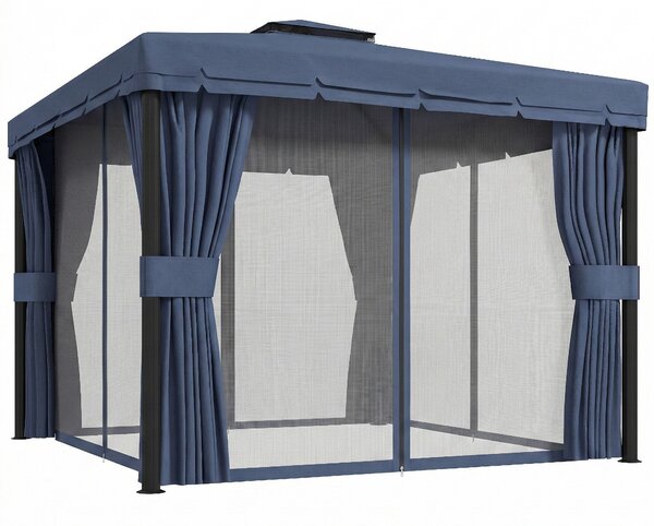 Outsunny 3 x 3(m) Patio Gazebo Canopy Garden Pavilion Tent Shelter Marquee with 2 Tier Roof, Netting and Curtains, Dark Blue