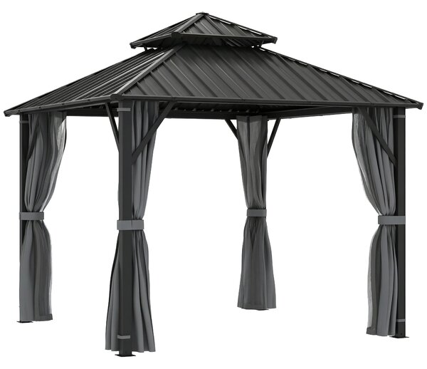 Outsunny 3 x 3(m) Hardtop Gazebo Canopy with Metal Roof, Waterproof Permanent Pavilion Garden Gazebo with Netting, Curtains, Grey
