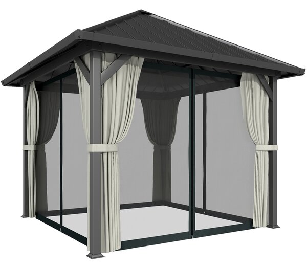 Outsunny 3 x 3(m) Hardtop Gazebo with Galvanised Steel Roof and Water Gutter, Waterproof Permanent Pavilion Garden Gazebo with Netting and Curtains for Patio, Deck, Black