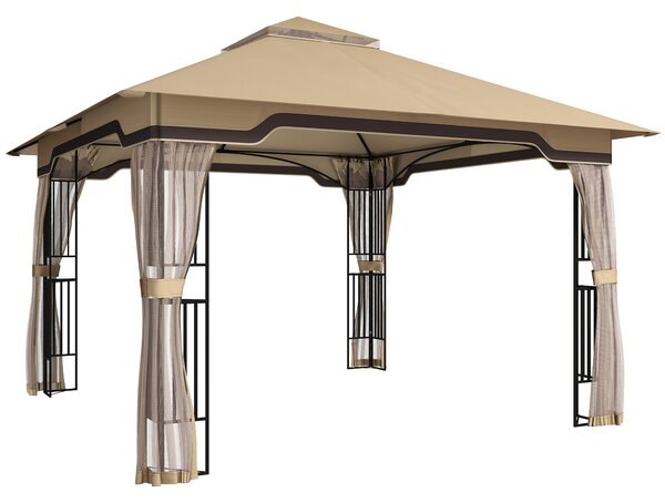 Outsunny 3.3 x 3.3 m Outdoor Garden Gazebo with Post Shelves, UPF50+ Patio Permanent Pavilion with Hook, Khaki