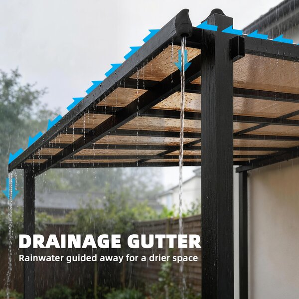 Outsunny 3.6 x 3 m Lean to Garden Pergola with PC Roof, Aluminium Frame Hardtop Gazebo Pergola with Drainage Gutters, Dark Grey