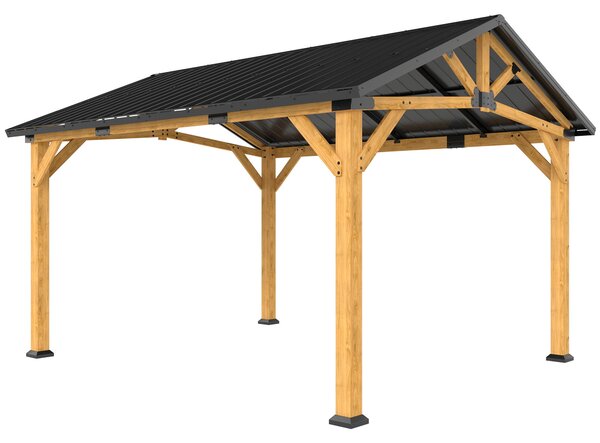 Outsunny 3.5 x 4 m Hardtop Gazebo Canopy with Galvanised Metal Roof, Fir Wood Frame and Hook for Patio, Garden, Black Grey