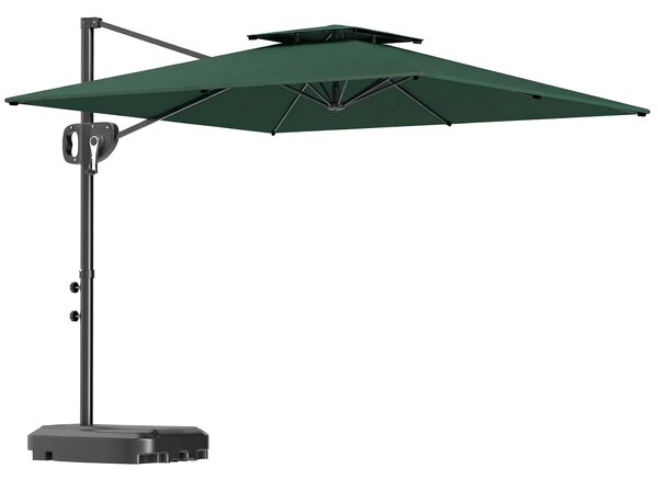 Outsunny Cantilever Parasol with Weighted Base Double Top Garden Parasol Square Hanging Patio Umbrella with Crank Tilt Dark Green