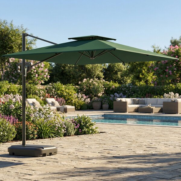 Outsunny Cantilever Parasol with Weighted Base Double Top Garden Parasol Square Hanging Patio Umbrella with Crank Tilt Dark Green