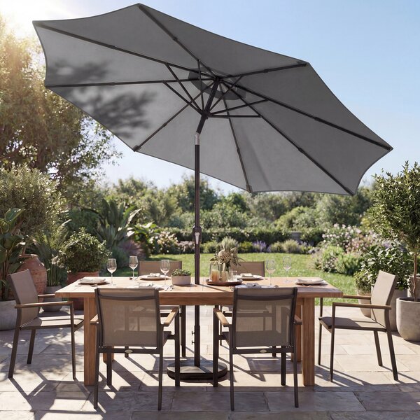 Outsunny 2.7 m Garden Parasol Umbrella with Cross Base and Sandbag, Retractable Ribs, Outdoor Table Market Umbrella, Light Grey