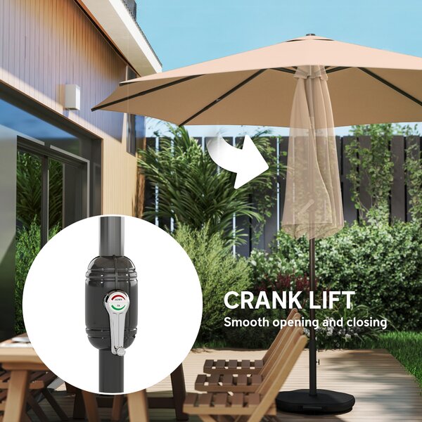 Outsunny 2.7 m Garden Parasol Umbrella with Cross Base and Sandbag, Retractable Ribs, Outdoor Table Market Umbrella, Khaki