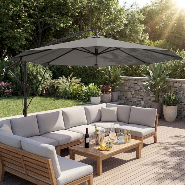 Outsunny 3 m Cantilever Parasol with Protective Cover and Wind Ropes, Banana Parasol with Crank Handle, Light Grey