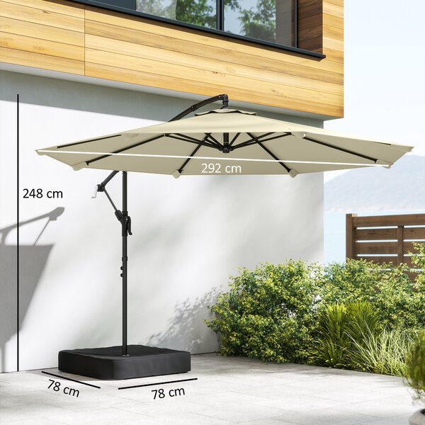 Outsunny 3 m Garden Cantilever Parasol with Cross Base, Sandbag, 360° Rotating Overhanging Banana Umbrella, Beige