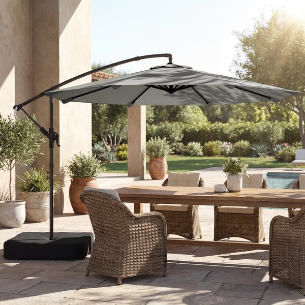 Outsunny 3 m Garden Cantilever Parasol with Cross Base, Sandbag, 360° Rotating Overhanging Banana Umbrella, Grey