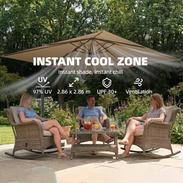 Outsunny 3 x 3 m Garden Cantilever Parasol with Light, Cover, Overhanging Umbrella w/ Wind Protection, 360° Rotation, Khaki