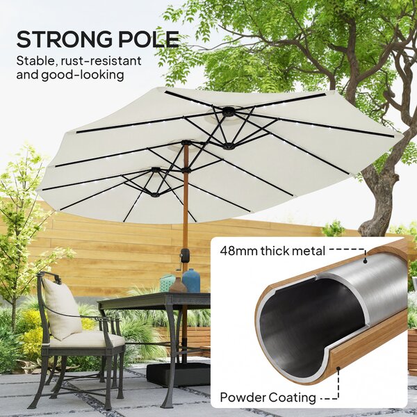 Outsunny Double Sided Garden Parasol with Base Included & 48 Solar LED Lights Patio Umbrella Crank Handle 4.6m Cream White