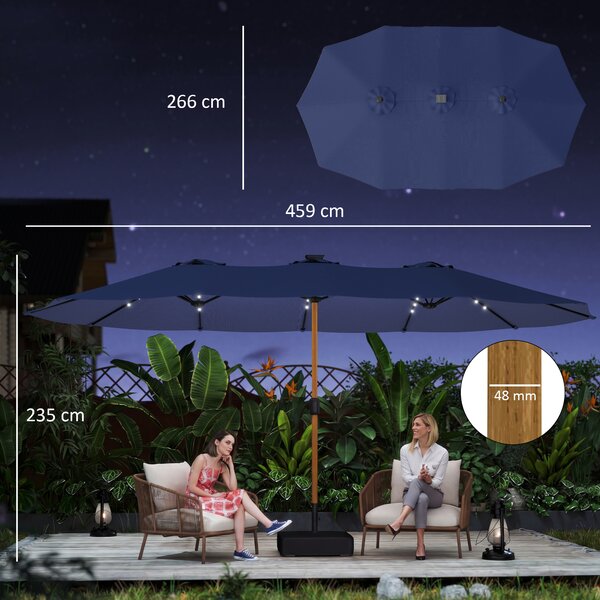 Outsunny Double Sided Garden Parasol with Base Included & 48 Solar LED Lights Patio Umbrella Crank Handle 4.6m Dark Blue