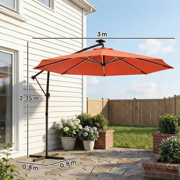 Outsunny 3 m Garden Cantilever Parasol with LED Solar Light, Round Overhanging Umbrella with 360° Rotation, Cover, Orange