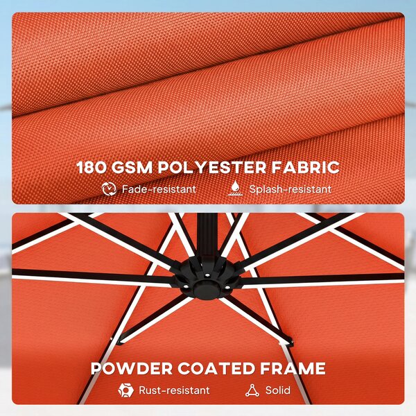 Outsunny 3 m Garden Cantilever Parasol with LED Solar Light, Round Overhanging Umbrella with 360° Rotation, Cover, Orange