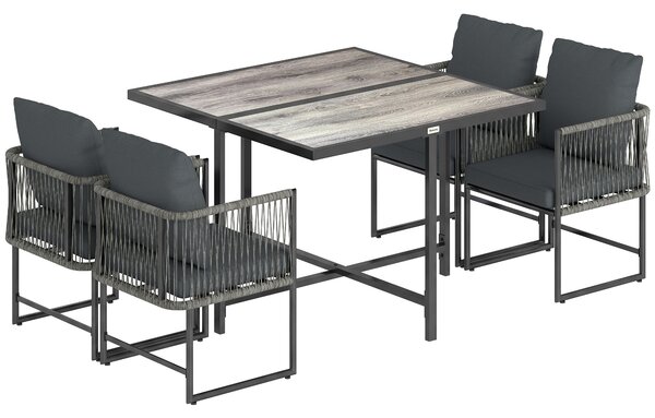 Outsunny 4-Seater Garden Dining Set, Rattan Outdoor Furniture with Space-Saving Chairs and Thick Cushions for Patio Balcony Black