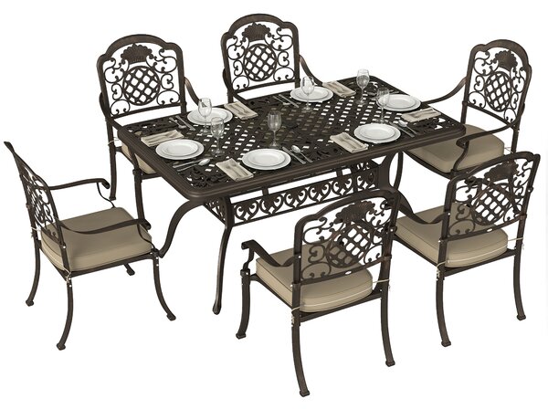 Outsunny Garden Dining Set for 6, Cast Aluminium Outdoor Table and Chairs Set with Cushions, Parasol Hole for Patio, Bronze Tone