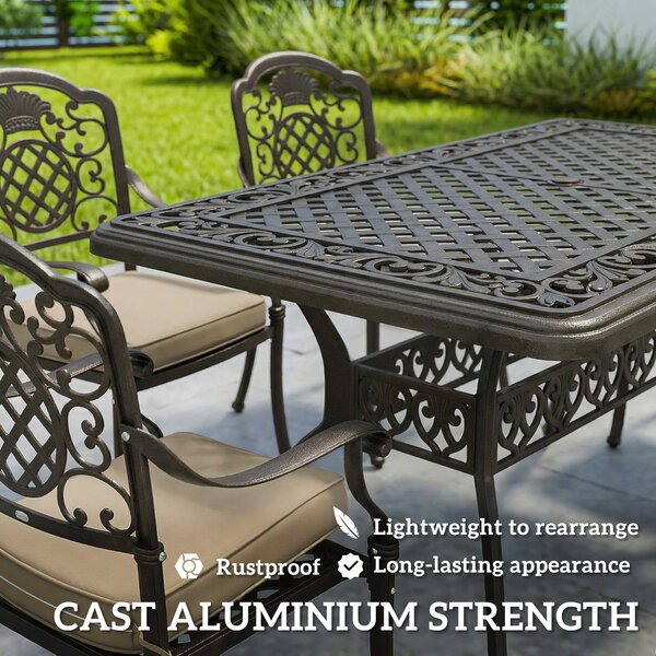 Outsunny Garden Dining Set for 6, Cast Aluminium Outdoor Table and Chairs Set with Cushions, Parasol Hole for Patio, Bronze Tone