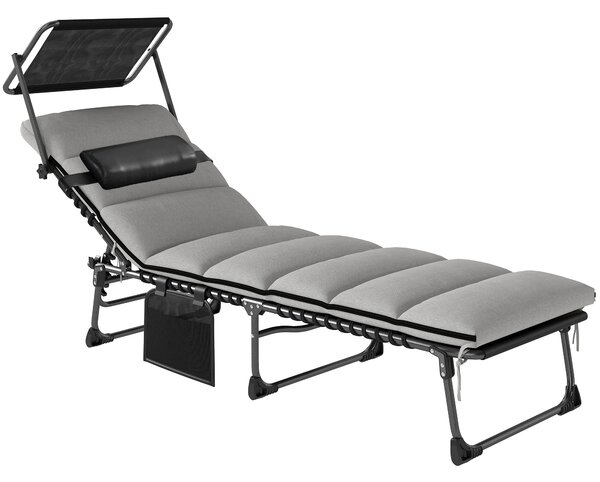 Outsunny Folding Sun Lounger with Canopy, Reclining Sunbed with Cushion, Side Pocket, Carrying Handle, Light Grey