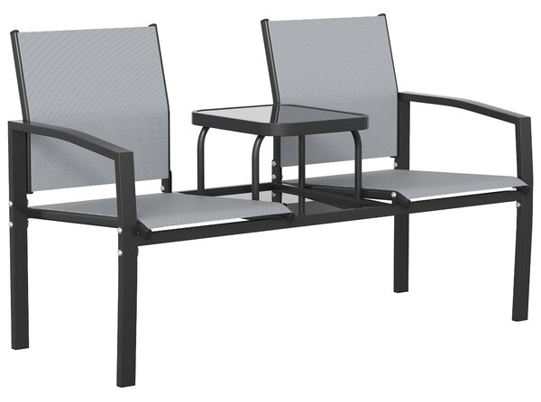 Outsunny Garden Love Seat, 2 Seater Jack and Jill Loveseat Companion Seat with 2-Tier Glass Table, Breathable Texteline, Grey