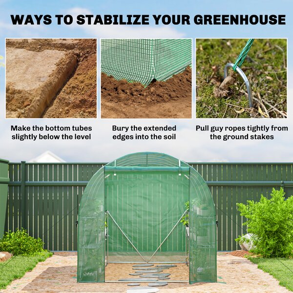 Outsunny Walk-in Greenhouse with Shelves, Polytunnel Greenhouse with Roll-Up Door, 6 Mesh Windows,198 x 275 x 191 cm, Green