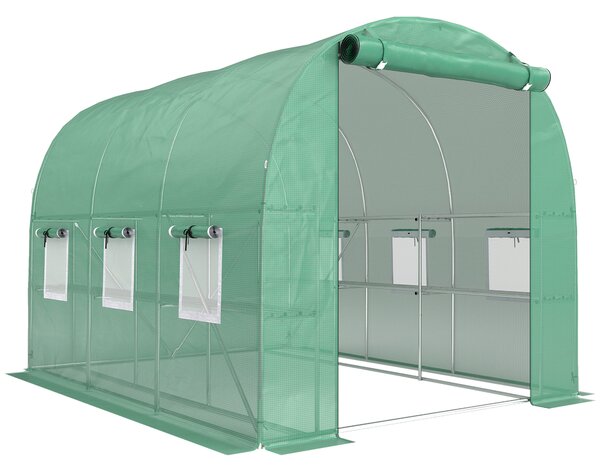 Outsunny Walk-in Greenhouse with Shelves, Polytunnel Greenhouse with Roll-Up Door, 6 Mesh Windows,198 x 275 x 191 cm, Green