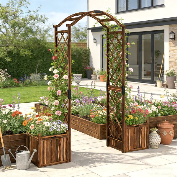 Outsunny Wooden Garden Arch with 2 Planter Boxes, Outdoor Rose Arch Trellis for Climbing Vines, Carbonised