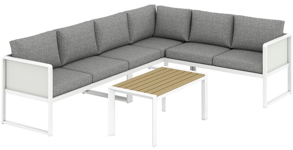 Outsunny 6 Seater Metal Garden Furniture Corner Sofa Set with 3 Loveseats, Faux Wood Table, Texteline Seat, Cushions, White