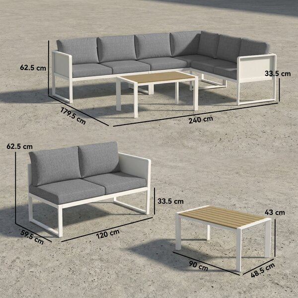 Outsunny 6 Seater Metal Garden Furniture Corner Sofa Set with 3 Loveseats, Faux Wood Table, Texteline Seat, Cushions, White