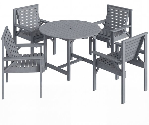 Outsunny 5 Pieces Garden Dining Set with Parasol Hole, Round Outdoor Table and Chairs, 4 Seater Wooden Garden Furniture, Grey