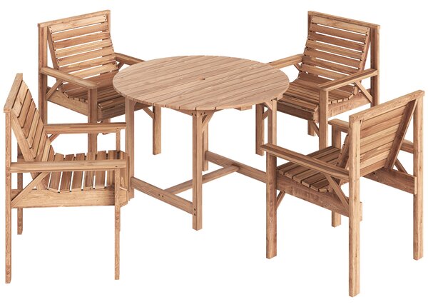 Outsunny 5 Pieces Garden Dining Set with Parasol Hole, Round Outdoor Table and Chairs, 4 Seater Wooden Garden Furniture, Natural