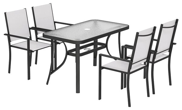 Outsunny Garden Dining Set for 4 with Umbrella Hole, Stackable Chairs and Rectangular Glass-Top Outdoor Table, Light Grey