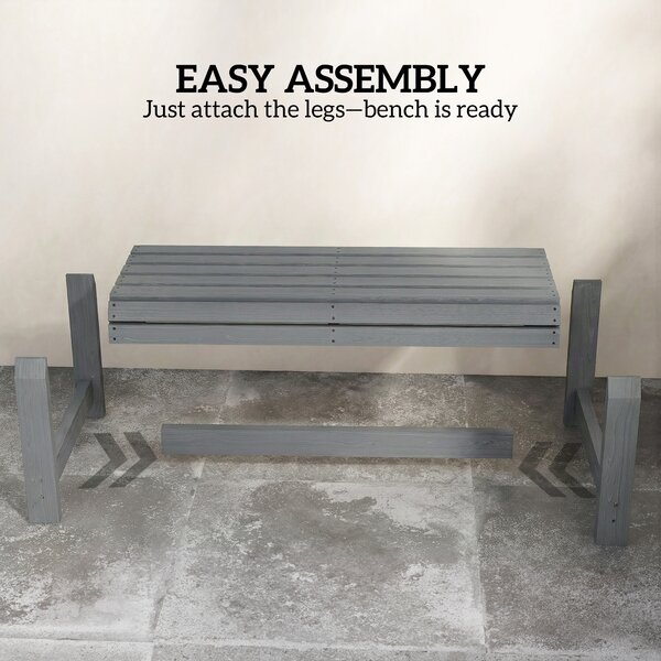 Outsunny Wooden Outdoor Bench, 2 Seater Garden Bench, Backless Patio Bench with Slatted Curved Seat, Grey Embossed Finish