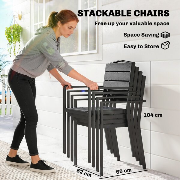 Outsunny Stackable Garden Chairs Set of 4, Garden Dining Chairs with Slatted HDPE Seat Back, Armrests, Metal Frame, Black