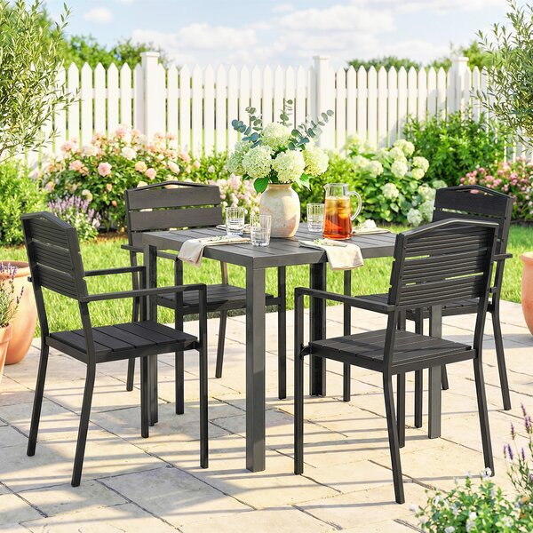 Outsunny Stackable Garden Chairs Set of 4, Garden Dining Chairs with Slatted HDPE Seat Back, Armrests, Metal Frame, Black
