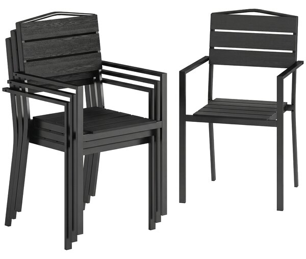 Outsunny Stackable Garden Chairs Set of 4, Garden Dining Chairs with Slatted HDPE Seat Back, Armrests, Metal Frame, Black