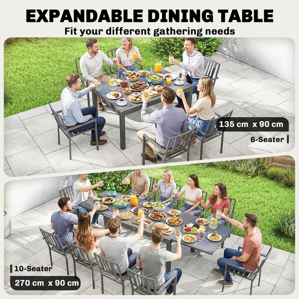 Outsunny Extending Garden Table for 6-10, Aluminium Outdoor Dining Table with Tempered Glass Top, Grey