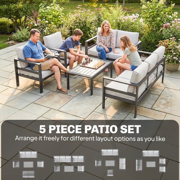 Outsunny 5 Pieces Aluminium Garden Furniture Set with Olefin Cushions, Extra Deep Outdoor Garden Sofa Set, Dark Grey