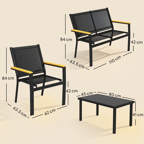 Outsunny Outdoor Sofa 4 Seater Garden Sofa Set with Loveseat 2 Chairs and Coffee Table Black