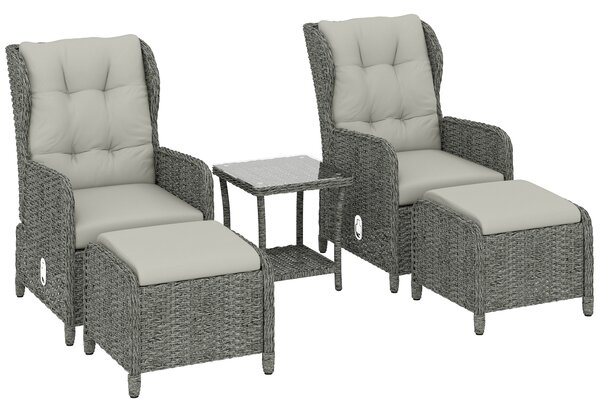 Outsunny 5 Piece Garden Furniture Set, Rattan Reclining Garden Chair Set of 2 with Footstool and Cushion for Balcony, Cream