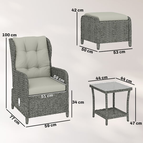 Outsunny 5 Piece Garden Furniture Set, Rattan Reclining Garden Chair Set of 2 with Footstool and Cushion for Balcony, Cream