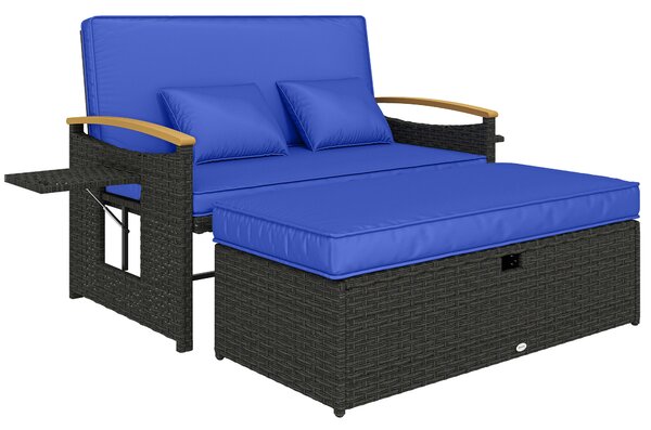 Outsunny Double Garden Rattan Daybed, Wicker Sun Bed Chaise Lounger with Storage Ottoman, 4-Level Adjustable Backrest, Brown