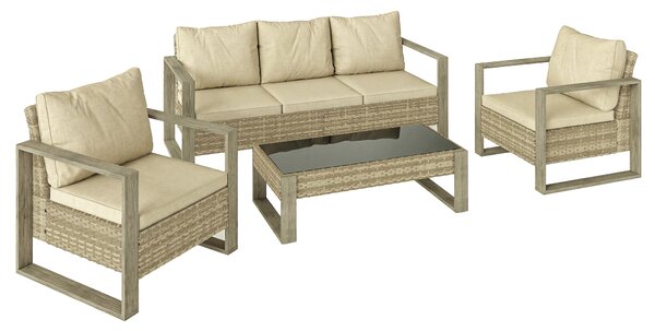 Outsunny 4 Piece Rattan Garden Furniture Set with 3-Seater Sofa, Armchairs, Table, Aluminium Frame Patio Conversation Set, Khaki