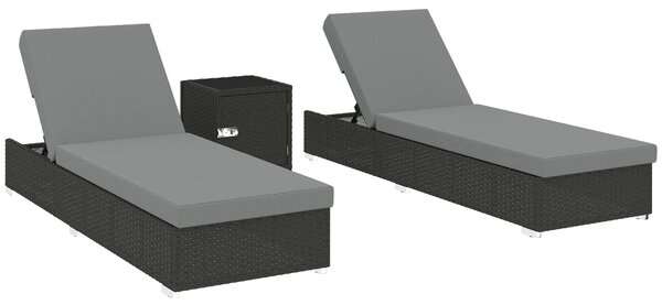 Outsunny Rattan Sun Loungers Set of 2 with Side Table, Garden Recliner Sunbeds with Adjustable Back, Cushions, Dark Grey