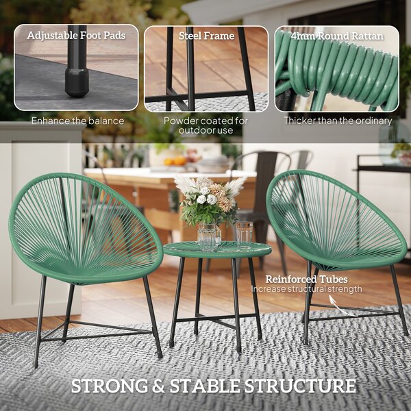 Outsunny Rattan Bistro Set with Acapulco Chairs and Glass Table, Green