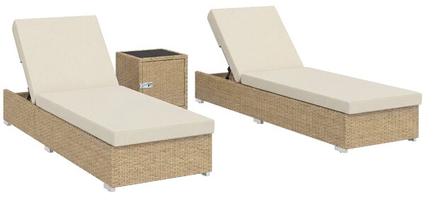 Outsunny Rattan Sun Loungers Set of 2 with Side Table, Garden Recliner Sunbeds with Adjustable Back, Cushions, Beige