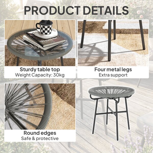 Outsunny Rattan Side Table, Round Outdoor Coffee Table, with Round PE Rattan and Tempered Glass Tabletop, Light Grey