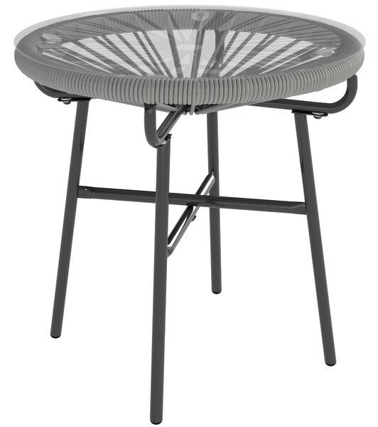 Outsunny Rattan Side Table, Round Outdoor Coffee Table, with Round PE Rattan and Tempered Glass Tabletop, Light Grey