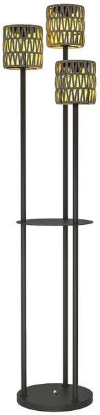Outsunny Boho Rattan Floor Lamp, 3-Lights Rattan Lamp with Shelf, Freestanding Solar Garden Light with Auto On/Off Lights, Grey